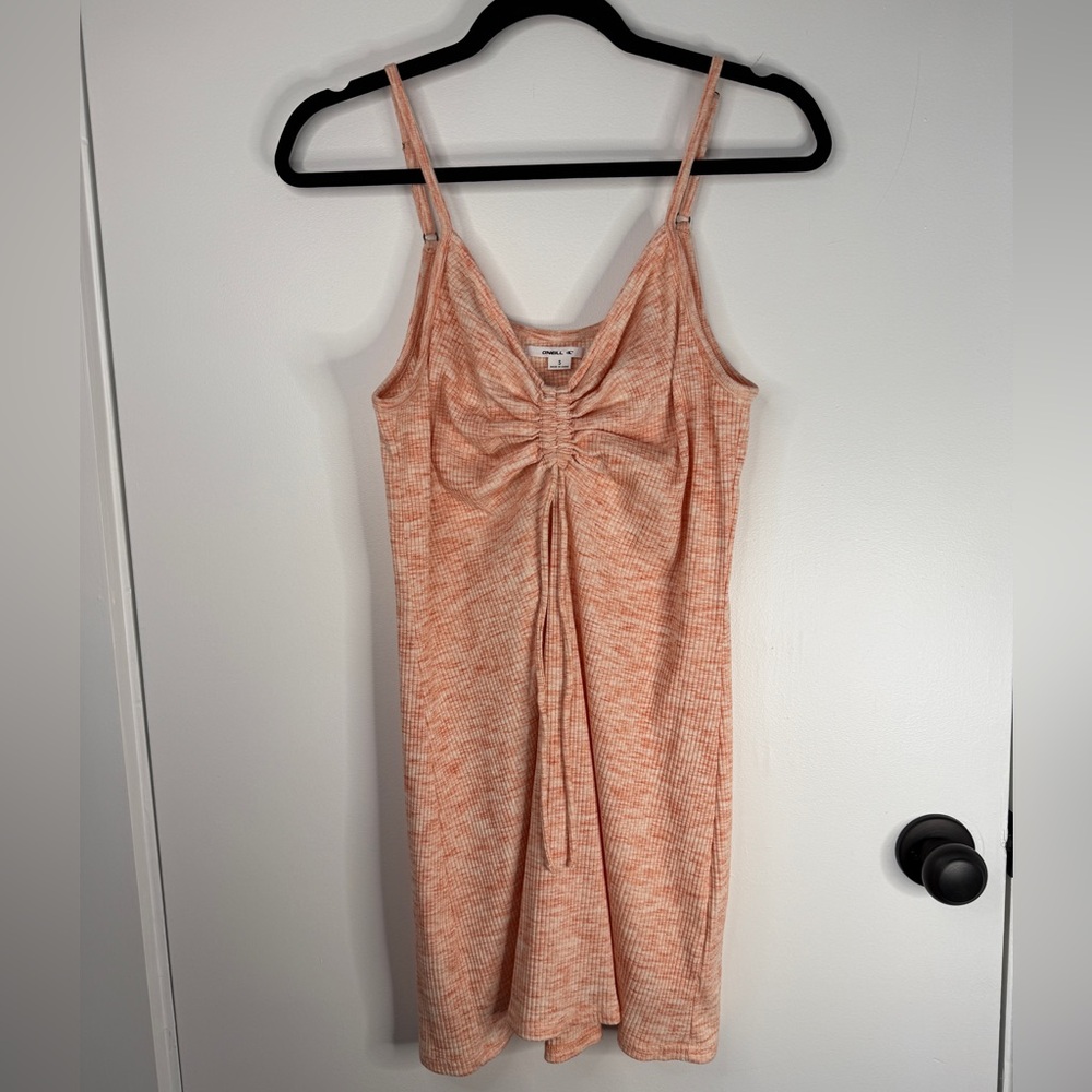 O’Neill Ruched Front Ribbed Knit Mini Dress Peach Tie Dye Stretch Casual Beach S